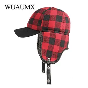 Wuaumx Winter Bomber Hats Men Thicken Russian Trapper Hat Earflap Baseball cap Red Black Plaid Windp in USA (United States)