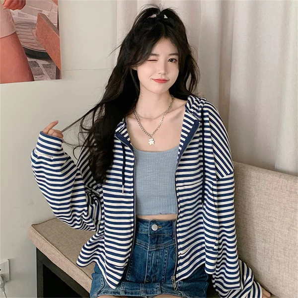 

Korean Style Striped Hooded Long Sleeve Loose Slimming Hundred