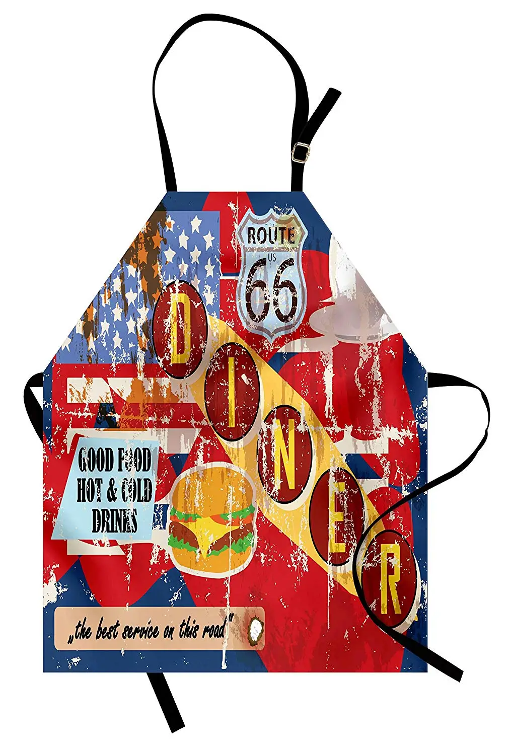 

Route 66 фартук Grungy Diner реклама с звезды американского флага хорошая еда напитки типография унисекс кухонные аксессуары