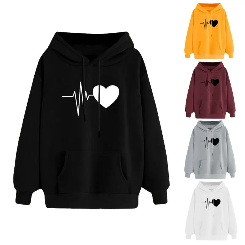 Women's Hoodie Sweatshirt Solid Colors Hooded Pullover Female Casual Long Sleeve Heart Print Pullover Outfits Plus Size 3XL