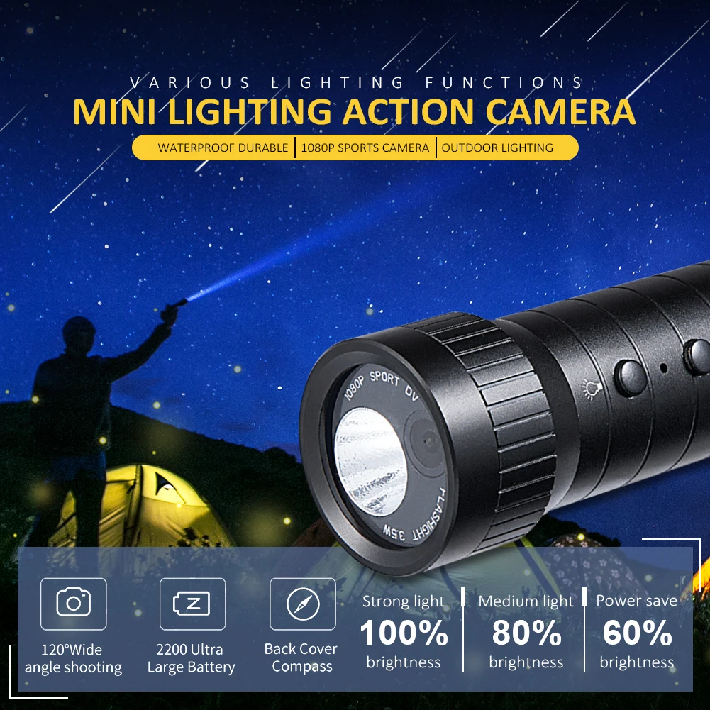 Продажа Мини освещение Action Cam Водонепроницаемый прочный 1080P Спортивная камера для шлема HD Широкий формат объектив фонарик петля Запись веб-камеры