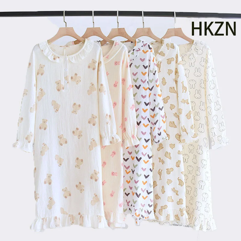 

Женская ночная рубашка, хлопковая ночная рубашка с длинным рукавом, женская одежда для сна, удобная Милая Домашняя одежда до колена, женские...