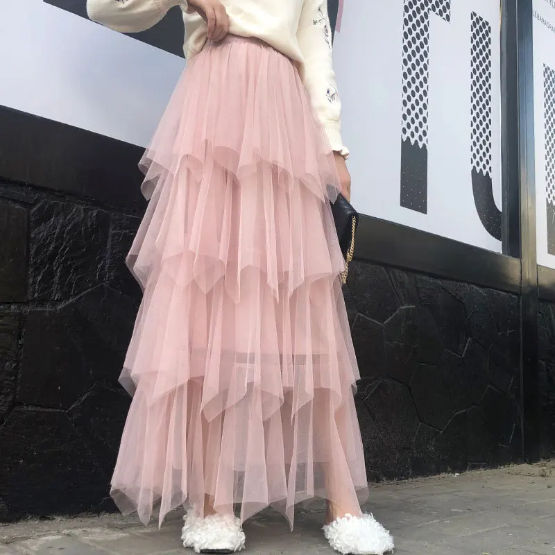 

2021 Spring Woman Skirts High Waist irregular Mesh Skirts Women Long Tutu Skirts Sweet Solid Mujer Faldas Femme Jupes Streetwear