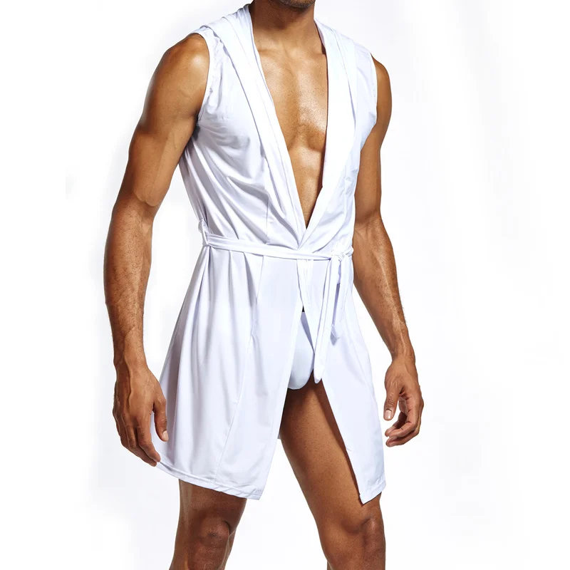 

Mens Sleep Tops Ice Silk Hooded Bathrobe Sleeveless Cardigan Vintage Nightgowns with Belt Bath Robe Pajama Male Hombre Sleepwear