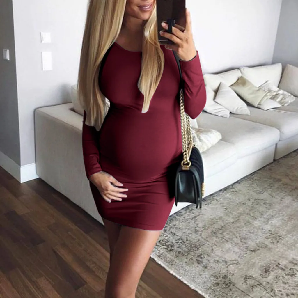 Пикантное осеннее платье для беременных женщин с круглым вырезом и длинным