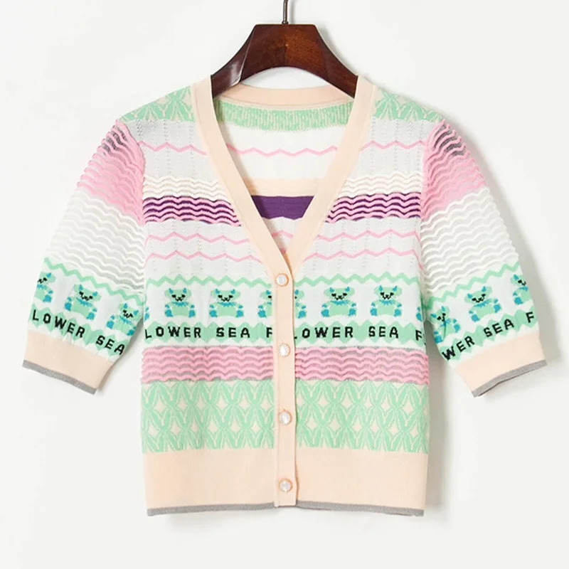 

2021 Fashion Thin sweater women kawaii cropped cardigan Summer V neck Bear Waves Stripe Short Sleeve Organza Knitted Shirt