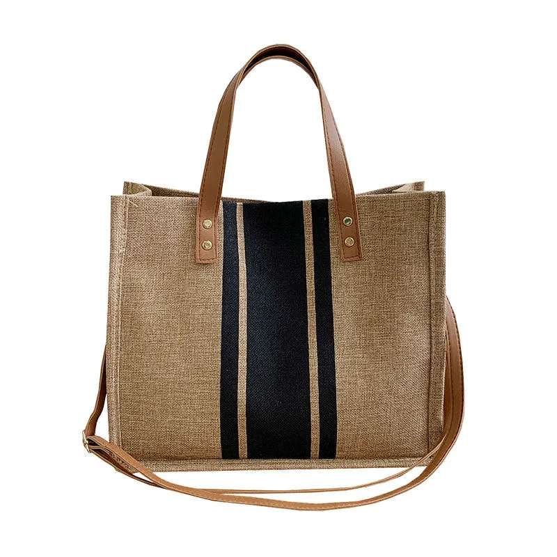 

Jute Shopper Bag Woman Eco Shopping Bags Crossbody Shoulder Bag Female Handbags Ins Pu Strip Travel Tote on Beach 2 Pockets