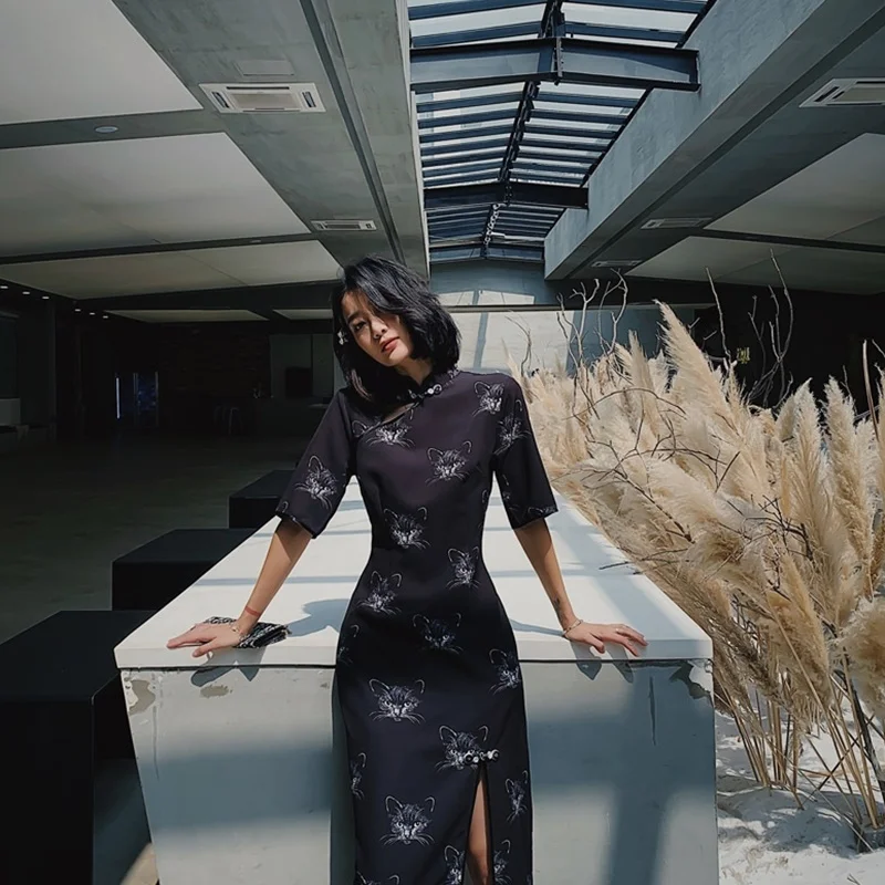 Азиатская уличная одежда в японском стиле длинное платье миди Чонсам восточное