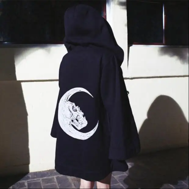 Ruibbit осенне зимнее женское твидовое Пальто Harajuku Goth Skeleton с принтом Луны толстовка