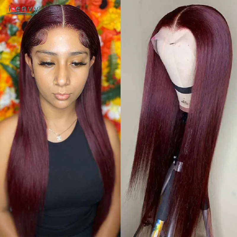 

Colored 99J Burgundy Lace Front Wig Peruvian Bone Straight Wigs For Women Human Hair Pre-Plucked Transparent Lace Wig Dark Red