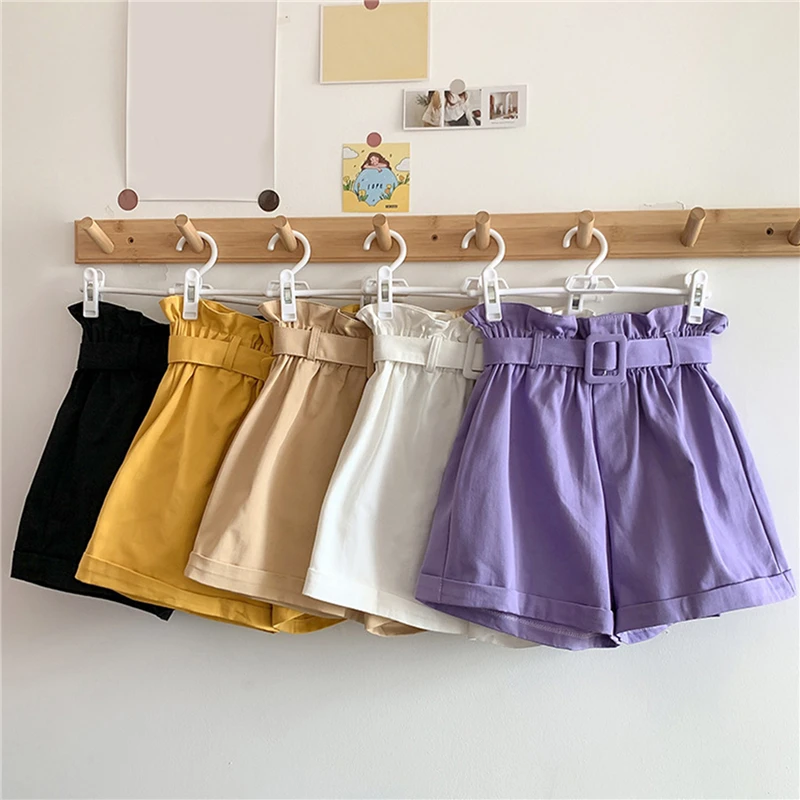 

Summer Elegant High Waist Shorts Women Casual Solid Wide Leg Loose Short Pants With Belt Korean Sweet Girls
