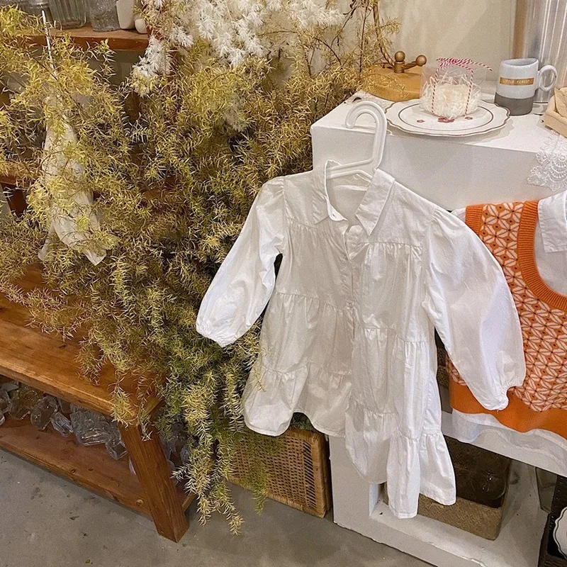 

2021 Spring New Baby Girls Long Sleeve Cotton White Casual College Style Blouse Dresses Children Kids White Ruffles with Tie
