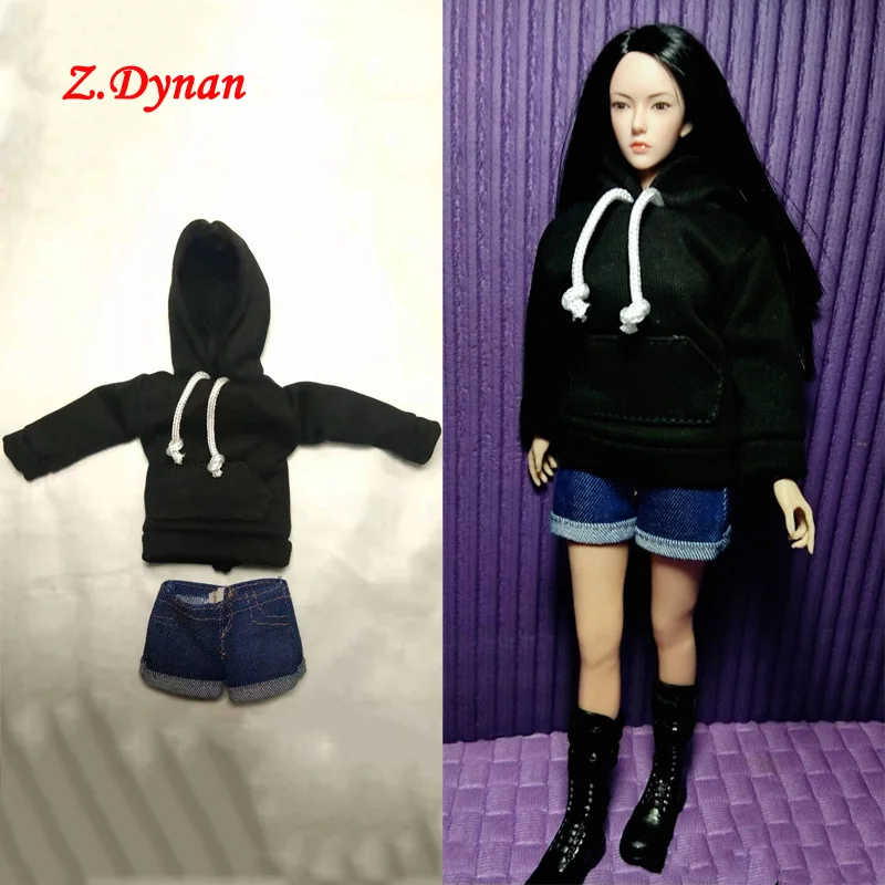 

1/6 Female casual sports Set fashion black hooded coat short pants Fit 12" TBLeague soldier Figure Body jiaou dolls DIY clothes