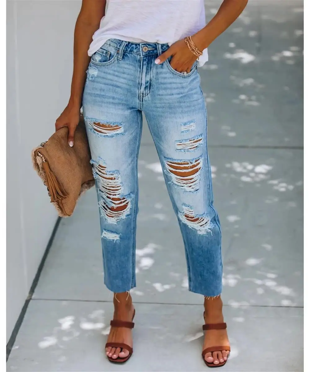 

Women Trousers Destroyed Slim Fit Shift Ripped Straight Long Jeans Trousers Casual Summer Ladies Outwearing Pants Bottoms Cloth