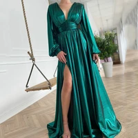 uzn new arrival hunter green a line taffeta prom dress deep v neck long puffy sleeves evening gowns sexy high slit party dresses