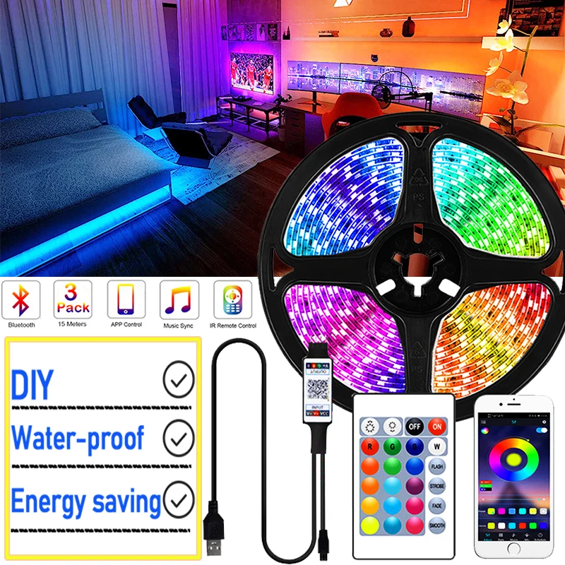 

5M 10M USB Led Strip Lights 5050 RGB Bluetooth Remote Control Outdoor Lighting Waterproof Flexible Lamp Tape Led Lights for Room