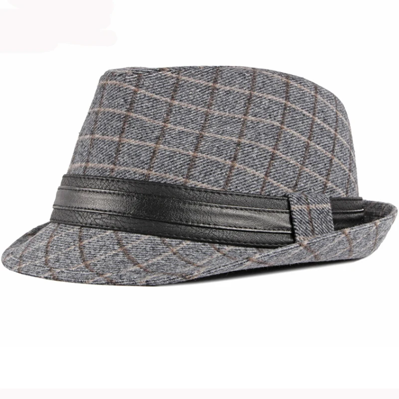 

Vintage Plaid Men Cap Hat Leather Band Fedora Hat Male Autumn Winter Wool Hat Retro Men Trilby Derby Jazz Hat Men Fedoras