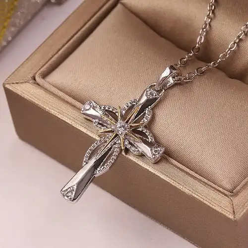 

1 Piece Women Cross Charm Necklace Gold silver color Stars Crystal Zircon Pendant Necklace Gift for Lovers Vintage