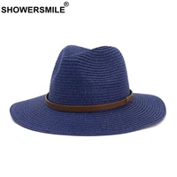showersmile women summer hats for beach woman beautiful navy solid straw sun hats female panama hats male jazz hat 7cm wide brim