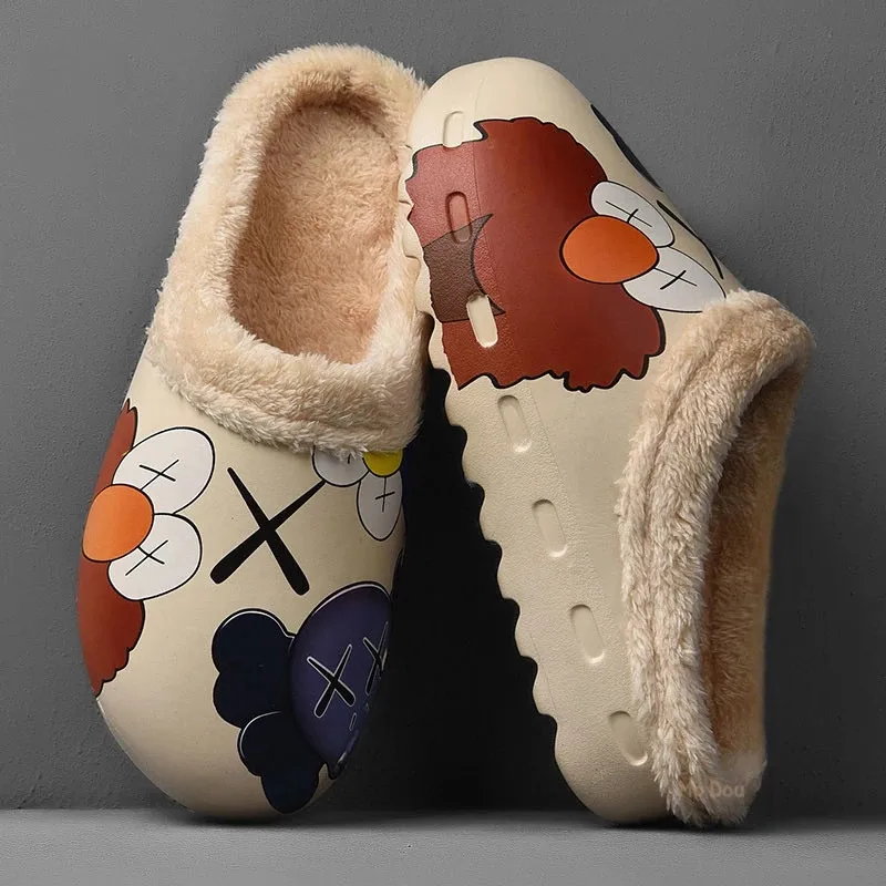 

Autumn Women Home Fluffy Shoes Furry EVA Man Warm Platform Cotton Shoes Silent Plush Graffiti Funny Memory Foam Unisex Slipper