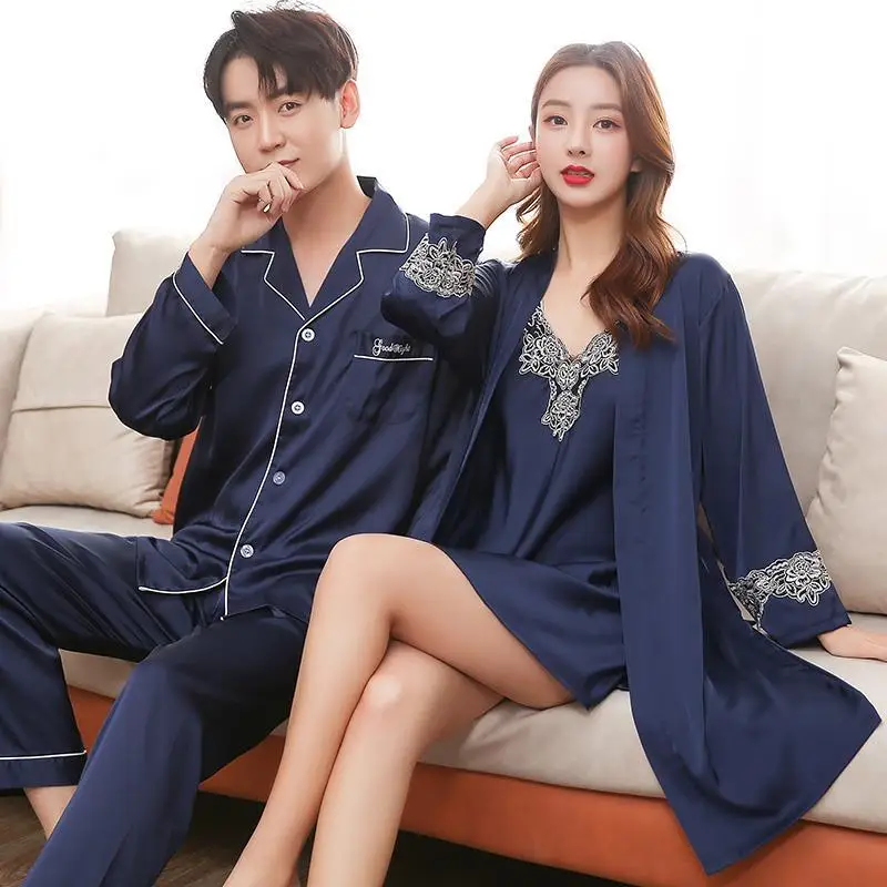 Housecoat  Couple Silk Pajamas Set Men Male Autumn Sleepwears Pyjama 2PCS Home Clothes Pijamas Para Parejas Shirt Trousers Pants