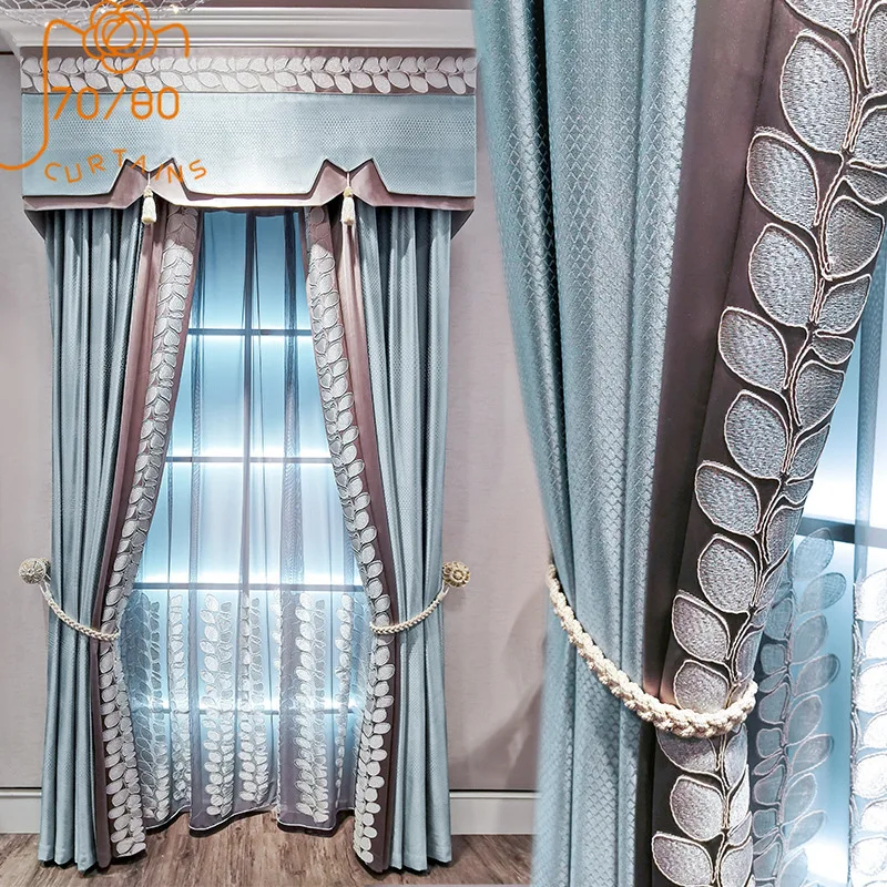 Light Luxury French Lace Stitching Blackout Curtains for Living Room Bedroom Finished Custom Valance