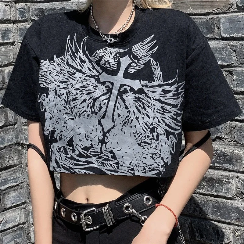 

QWEEK Mall Goth Tops Gothic Goth Style Dark Emo Tshirt Streetwear Women Crop Top Harajuku Graphic T Shirt Summer Tees Clothes