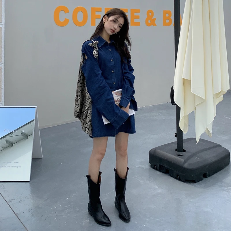 

Women's Cloth Autumn New Fashion Vintage Kpop Chic Off-the-shoulder Languid Mid-length Denim Aesthetic Clothes Shirt For Women