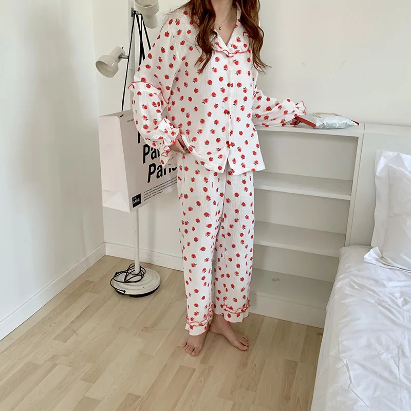 

Women Pajamas Set Lounge Wear 2021 Spring New Sweet Lace Strawberry Cotton Yarn Loose Pajamas Home Clothes Two-piece Suit