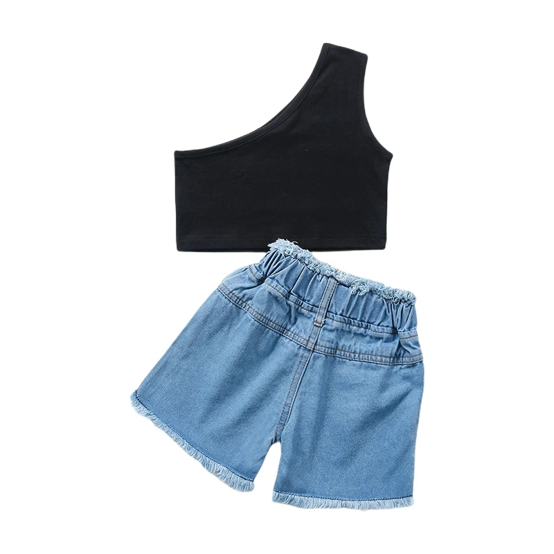 

Girls Fashion T-Shirt Denim Shorts Two-piece Suit (CCL491) Black 130 Yards