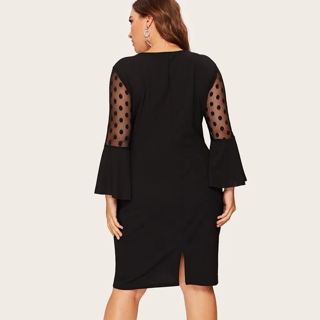 

Plus Size Dresses For Women Summer O-Neck Flare Sleeve Polka Dot Mesh Patchwork Midi Dress Female Casual Party Dress
