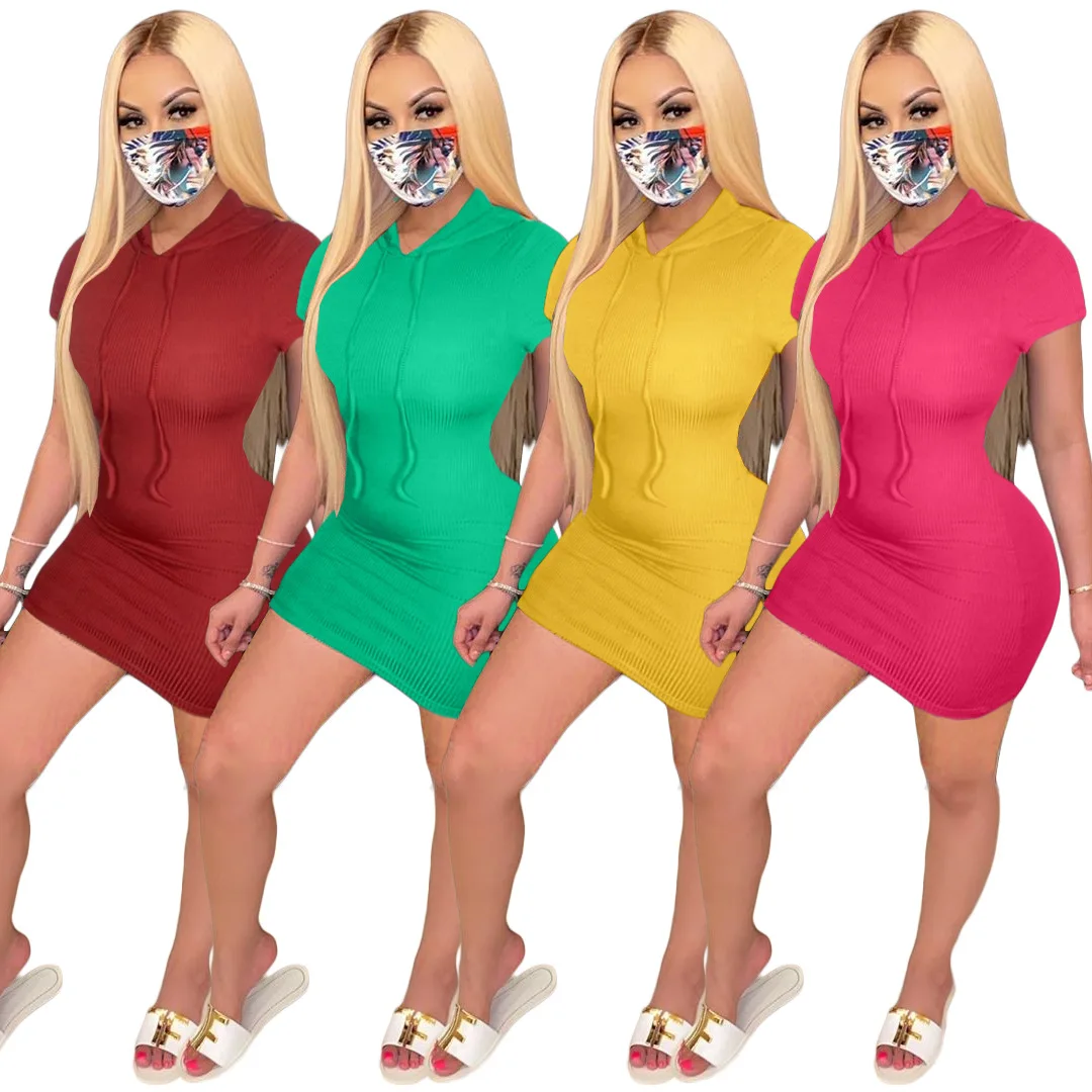 

2020 Summer Dress For Women European and American Hot Selling Solid-color Short Sleeves Hoodie Drawstring Casual Min-dress