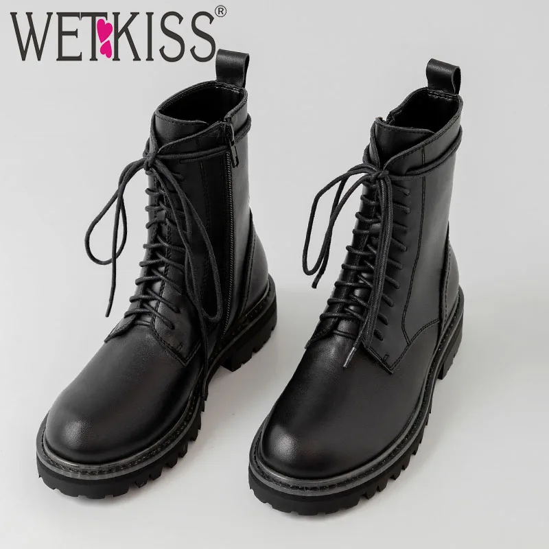 WETKISS/мотоботы; женские ботильоны из коровьей кожи; обувь на шнуровке на молнии; женская Армейская Обувь с круглым носком; Новинка года; сезон зима
