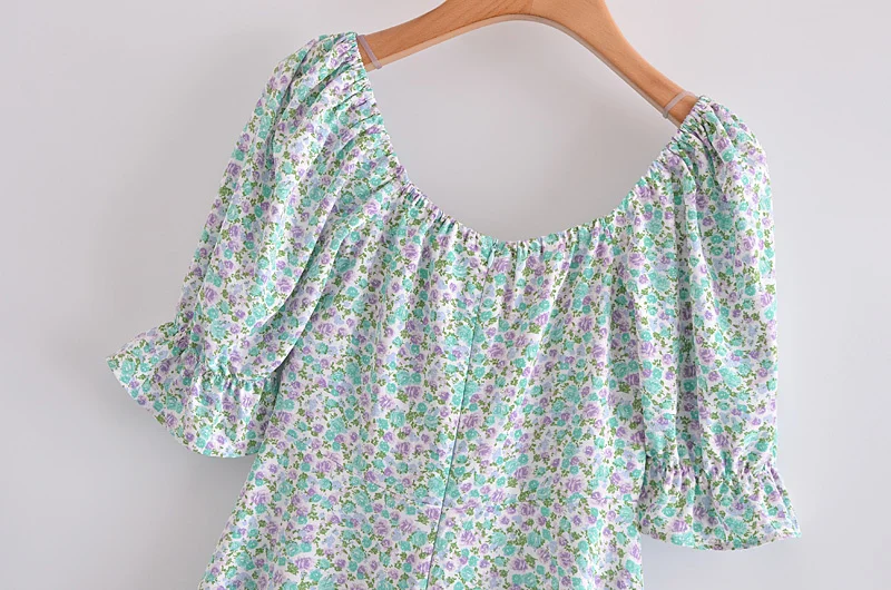 

Splend Moda 2021 Summer New Prairie Chic Slash Neck Vintage Lace-Up Folds Floral Print Puff Sleeve Sexy Mini Dress Women