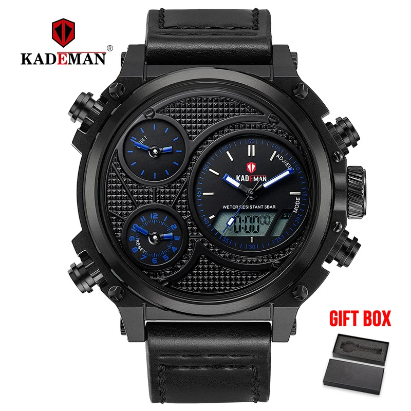 black blue KADEMAN мужские часы милитари, спортивные кварцевые часы светодиодный цифровой двойной дисплей водонепроницаемые кожаные Наручные часы Relogio Masculino - Цвет: black blue