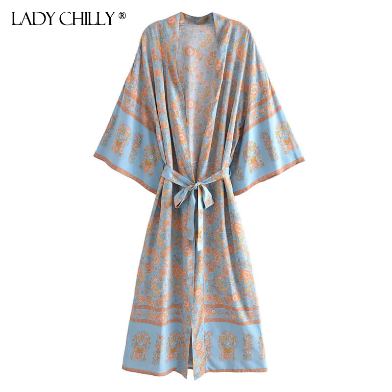 

Lady Chilly Bohemian Floral Print Sashes Women Boho V Neck Batwing Sleeves Happie Long Robe Kimono Beach Cover Up Blouse Top