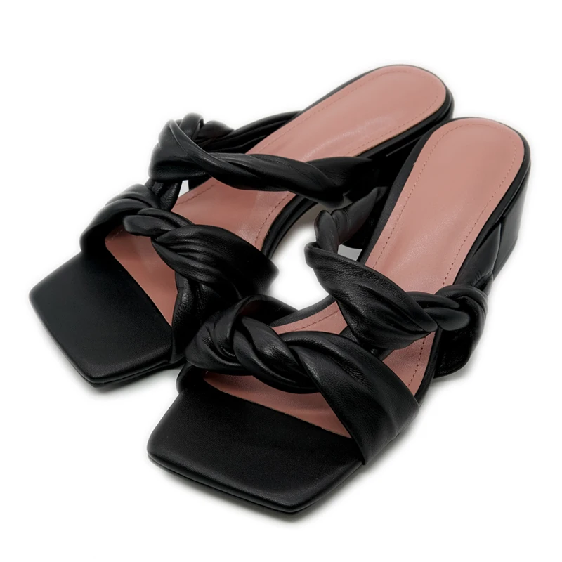 

Elegant Basic ladies Slippers Genuine Leather Women shoes 2020 Summer 4.5cm Thick Heels Pumps Working Casual Shoes Woman