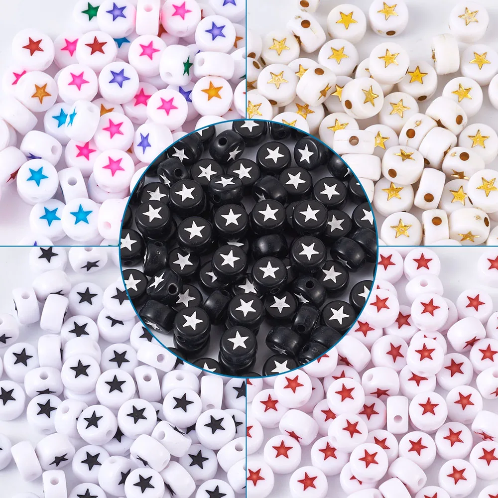 

500pcs Opaque Acrylic Beads with Enamel Flat Round with Star Mixed 5 Colors for Jewelry Making DIY 7x4mm Hole 1.6mm 100pcs/color