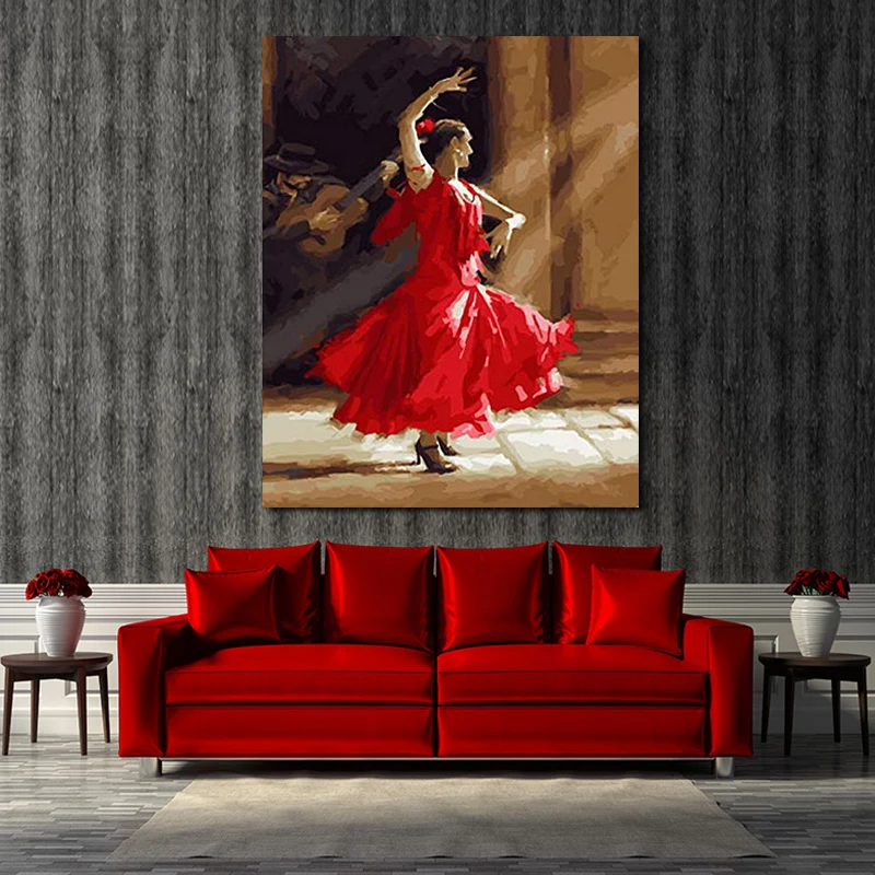 Diy краски по номерам картина Рисование с комплектами красная одежда Танцы