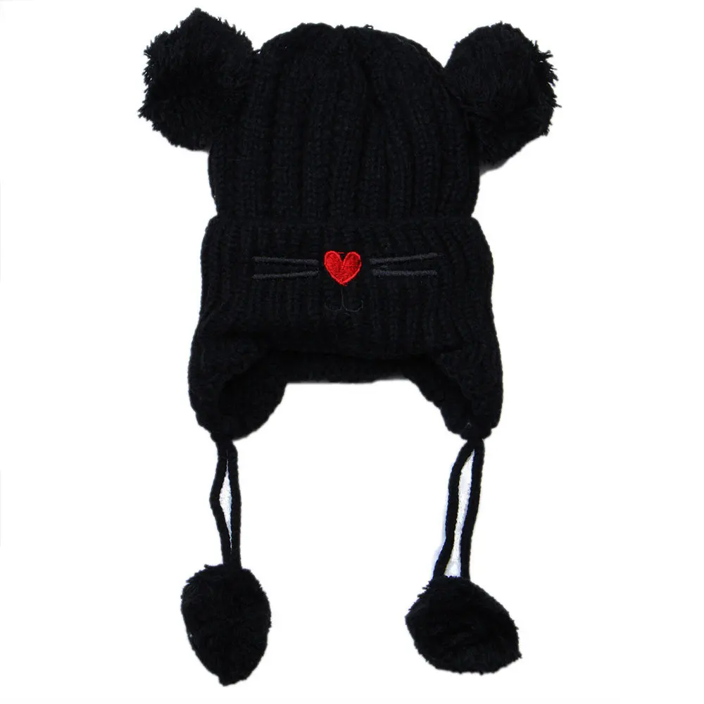 Детская вышивка мультяшного кота Beanie Зимняя Толстая вязаная теплая мягкая шапка с двойным помпоном для мальчиков и девочек, Кепка с ушами, шапочка для малышей
