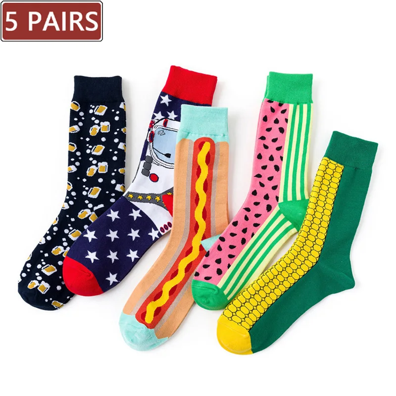 

5 Pairs Men Cotton Casual Happy Socks Fashion Beer Corn Watermelon Colorful Pattern Long Socks Business Printed Happy Crew Socks