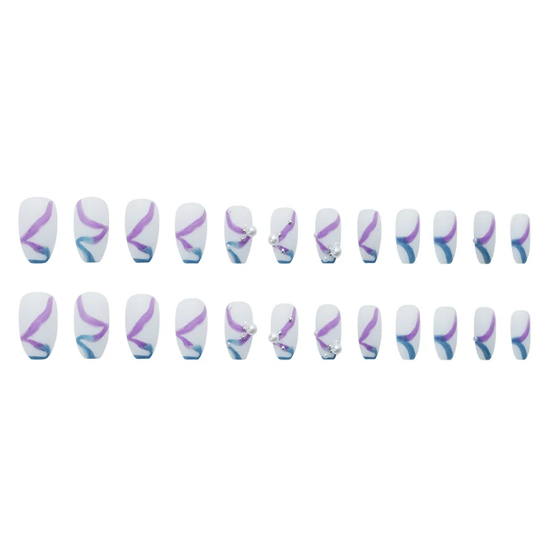 

24pcs Ballet Blue and Purple Pearls Wear Long Paragraph Fashion Manicure Patch False Nails Save Time Wearable Nail Patch FA