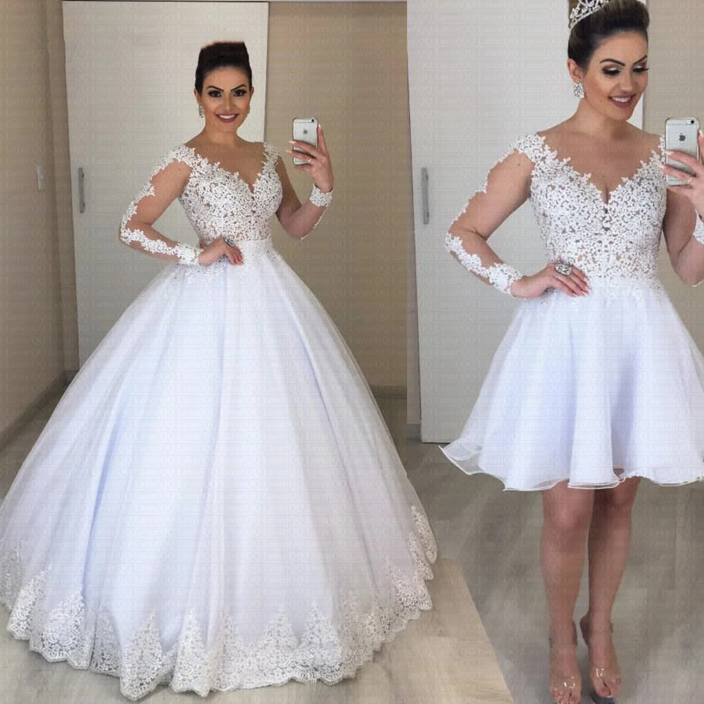 

TULXCheap Detachable Skirt Vestido De Noiva With Long Sleeve 2 in 1 Wedding Dress 2021 Pearls Bride Dress Robe De Mariee