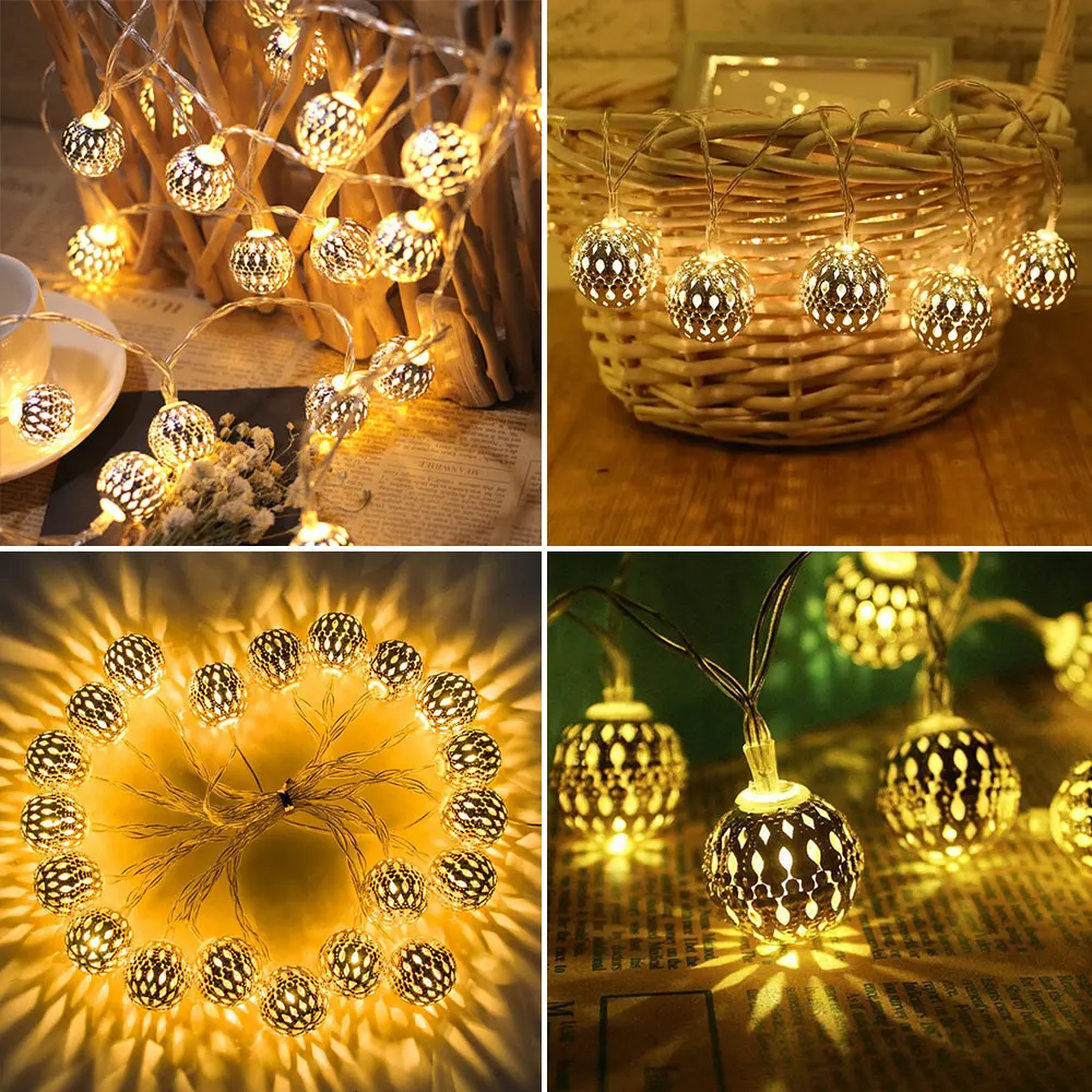 

10/20/40 LED String Light Hollow Moroccan Ball Christmas Tree Wedding Party Decoration Light Living Room Window Decoration Lamp