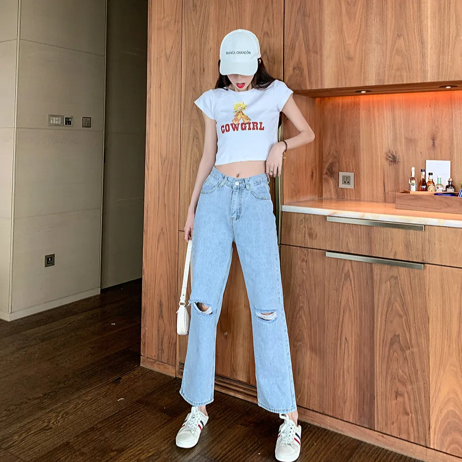 

Plus Size High Waist Retro Hole Straight Loose Jeans for Women