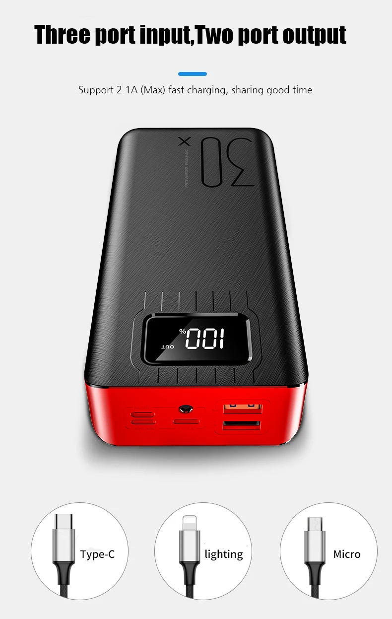 Внешний аккумулятор 30000 мА/ч, внешний аккумулятор, 2 USB, светодиодный, PoverBank, type-c, портативное зарядное устройство для телефона OnePlus Xiaomi