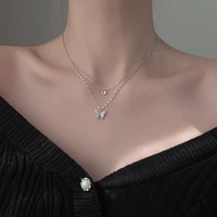 2021 new korean fashion butterfly double necklaces shining rhinestone pendant clavicle chain womens dinner jewelry