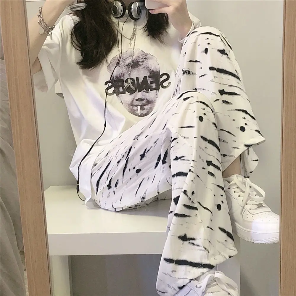 

One piece / suit women's summer fashion versatile loose retro printed short sleeve T-shaped zebra casual wide leg pants