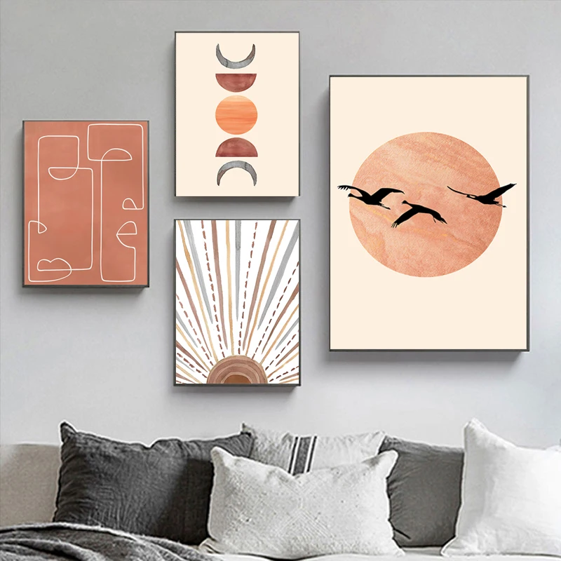 

Abstract Sun Face Moon Orange Canvas Art Bird Wall Painting Posters and Prints Nordic Wall Pictures for Living Room Home Decor