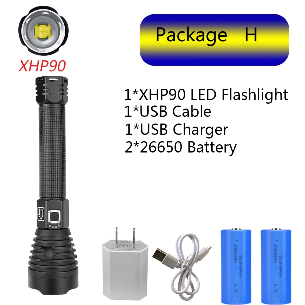 Package H Самый мощный светодиодный светильник XHP70 с подзарядкой от USB, фонарь с зумом XHP50, ручная лампа 26650, 18650, светильник с батареей - Испускаемый цвет: Package H